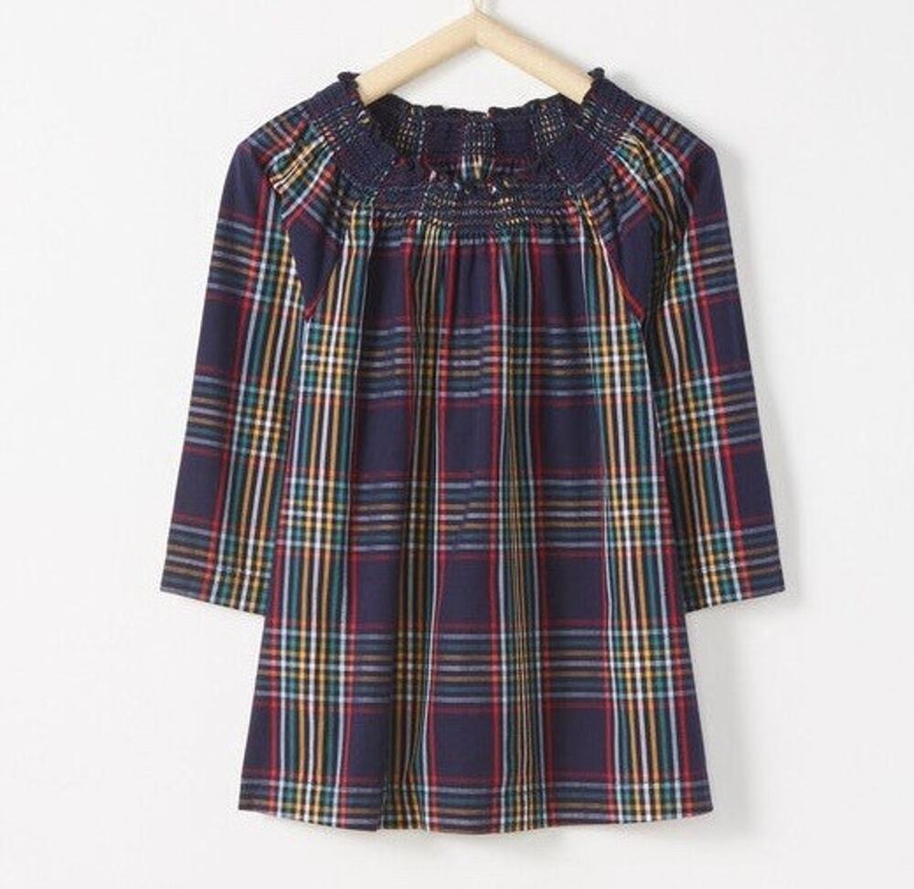 Hanna Andersson Happy Days Popover Dress Girls 10 Plaid Smocked Cotton Navy